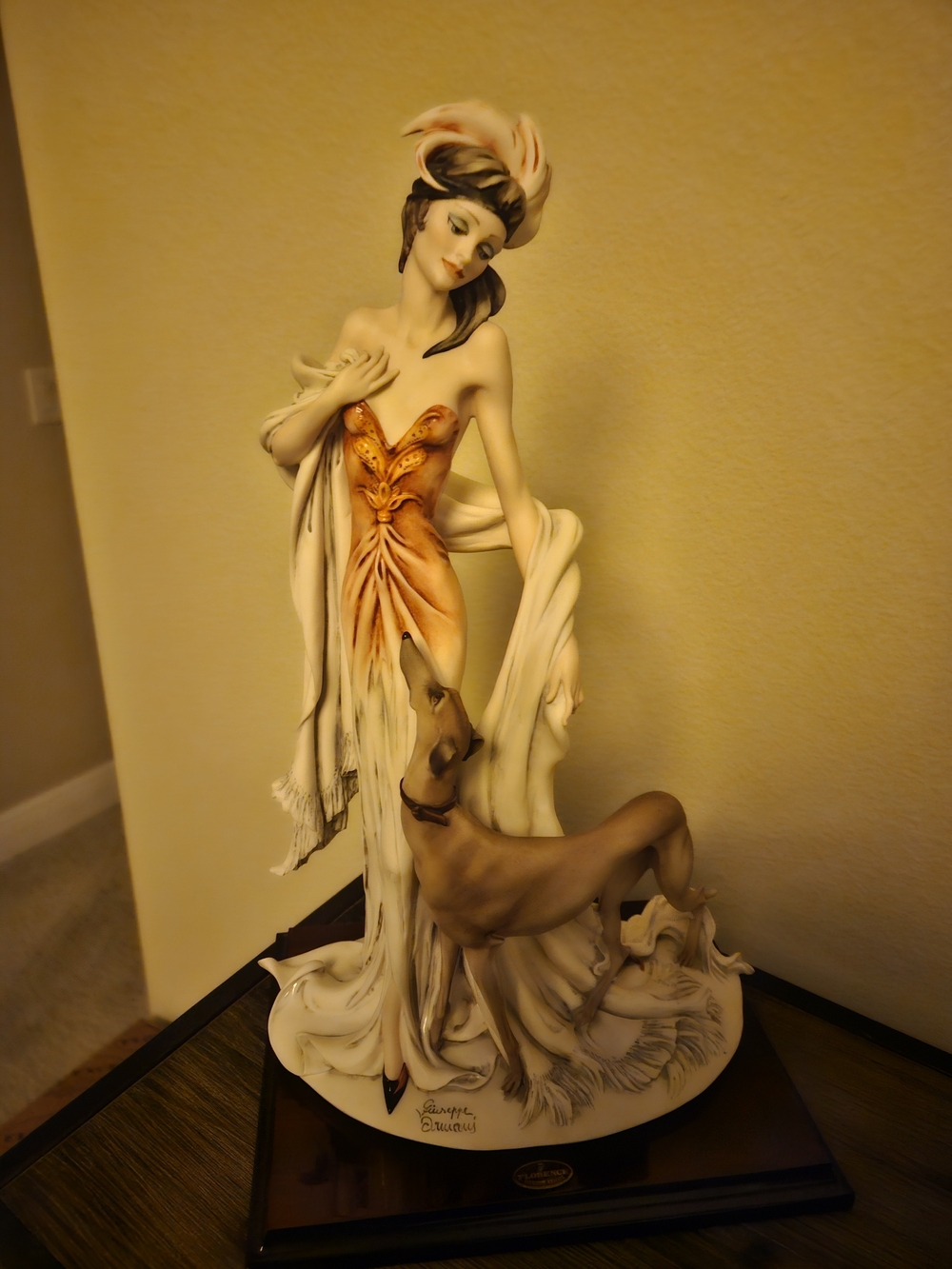 Porcelain Lady and Dog Sculpture - Cream and Gold Tones